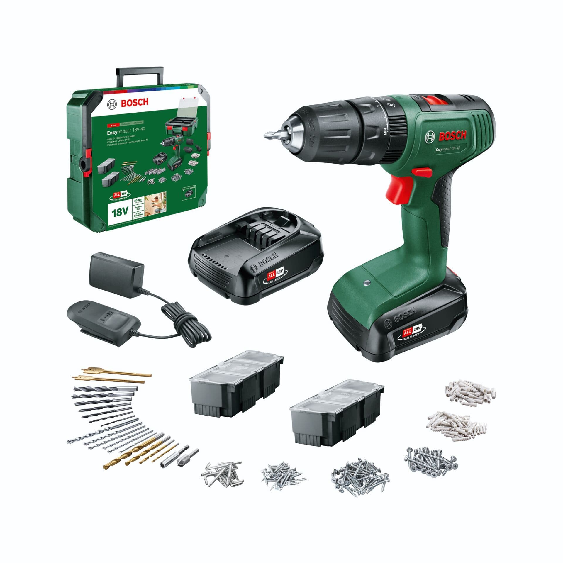Coffret de perceuse à percussion sans fil Bosch EasyImpact 18 V-40, comprenant 2 batteries, un chargeur, une mallette de transport et un ensemble